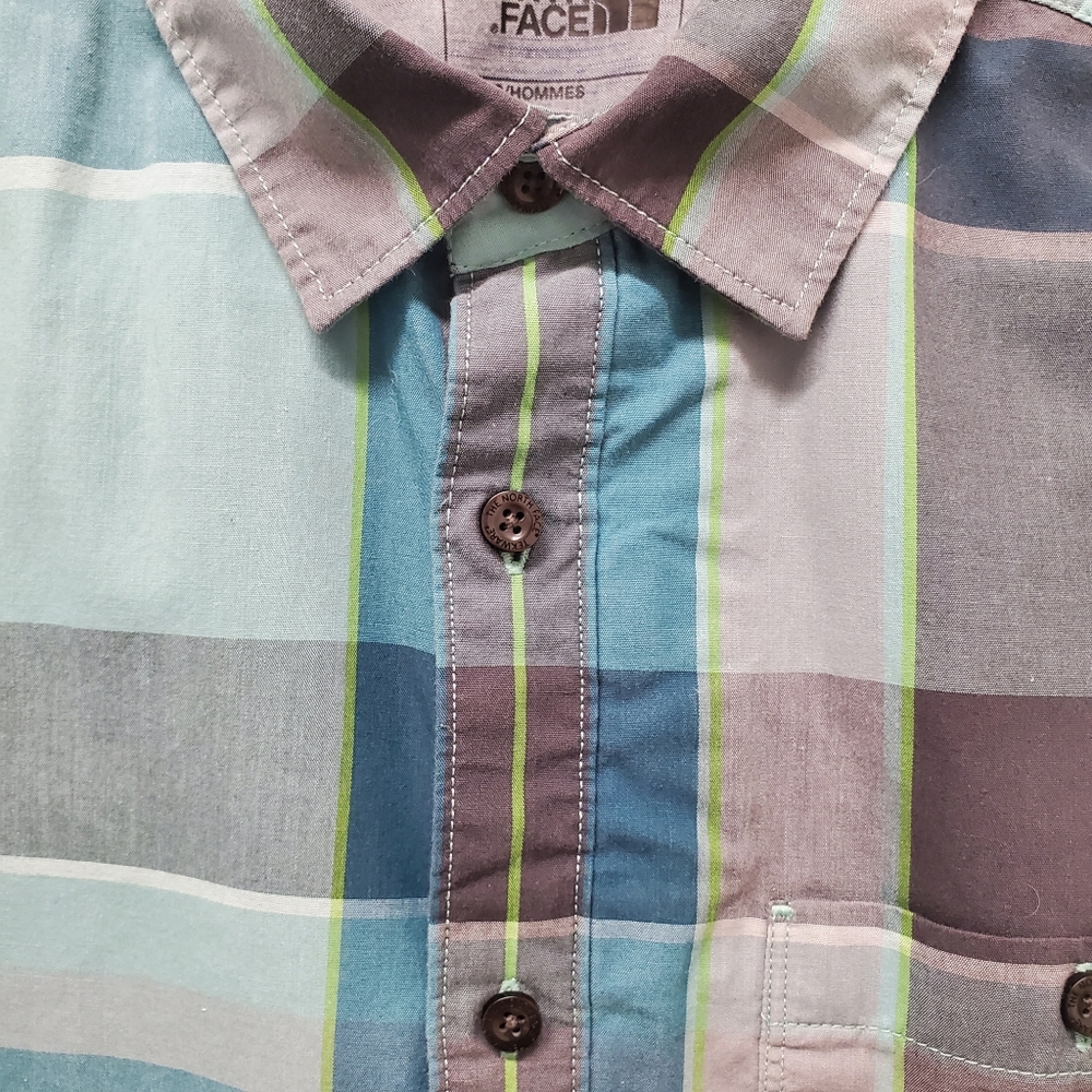 The North Face Men's Button Down Short Sleeve Shirt Green Blue Plaid Medium - Picture 3 of 7